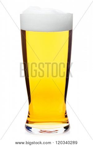 Full pilsner glass of pale lager of pils beer isolated on white background