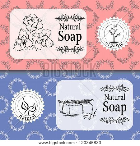Vector set of seamless patterns, labels and logo design templates for handmade natural soap packagin