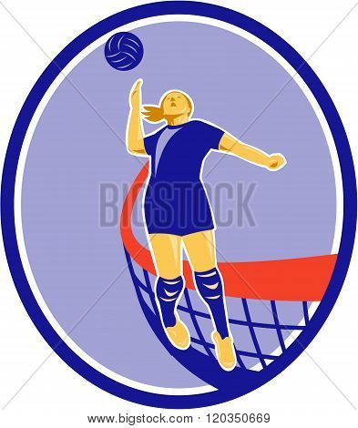 Volleyball Player Spiking Ball Oval Retro