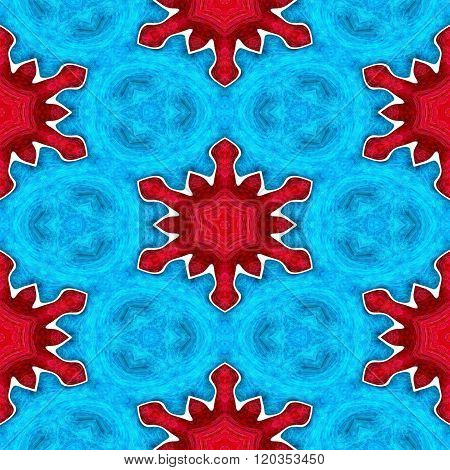 Abstract Red Stars Or Snowflakes On The Frozen Blue Background For Christmas Or Winter Decor Made Se