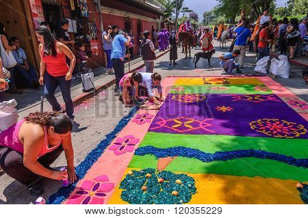 Decorating Colorful Holy Week Carpet, Antigua, Guatemala