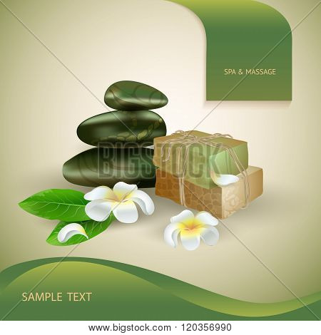 Spa accessories stack stones, hand made soap and flowers.