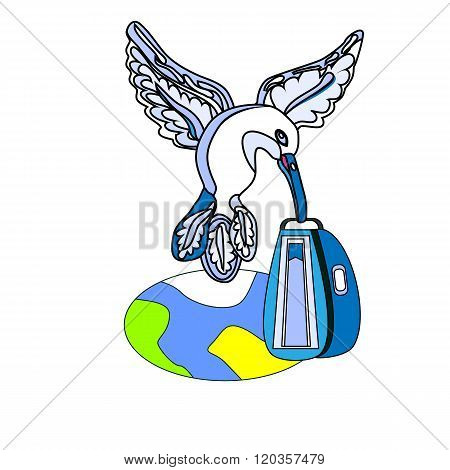 a vector illustration of an outlined flying bird with a suitcase at the top of the planet Earth