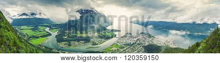Panoramic view on Andalsnes City, Mountain Landscape and Fjord View, Rauma Municipality in More og Romsdal county, Norway. 