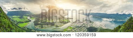 Panoramic view on Andalsnes City, Mountain Landscape and Fjord View, Rauma Municipality in More og Romsdal county, Norway. 