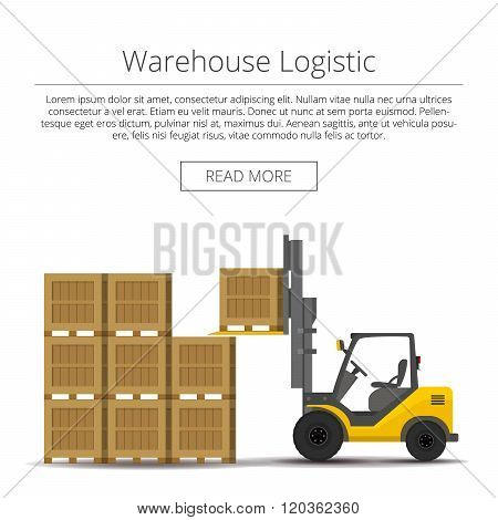Warehouse logistic. forklift picks up a box. background flat illustration.