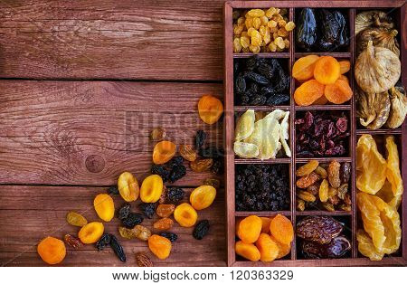 Assorted  Dried Fruits In Wooden Box