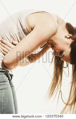 Woman Suffering From Stomachache Pain. Period.