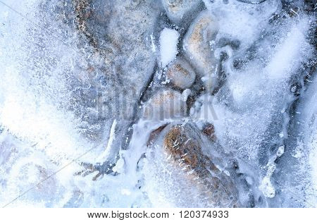 transparent ice with air bubbles and stones