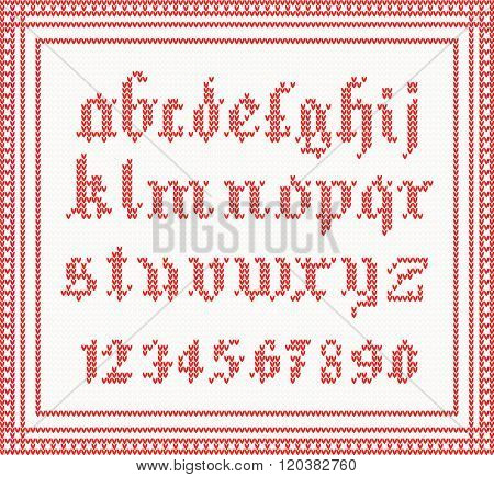 Christmas Font: knitted gothic alphabet in red color. Christmas concept for banner, placard, billboard or web site with old english font. New Year retro greeting card. Image for invitation.