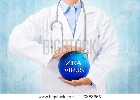Doctor holding blue crystal ball with dengue sign on medical background.