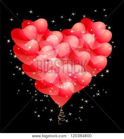 red balloons and stars making a heart shape. abstract vector design template on love romance theme.