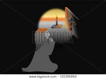 A woman is praying to God in a dark room in front of the icon.