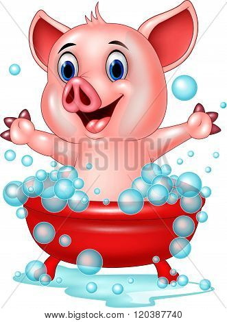 Cartoon pig bathing waving hand