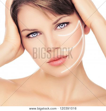 Close-up of beautiful female with laser lines on her face. Facial therapy concept.