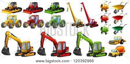 Different tractors and construction equipment illustration