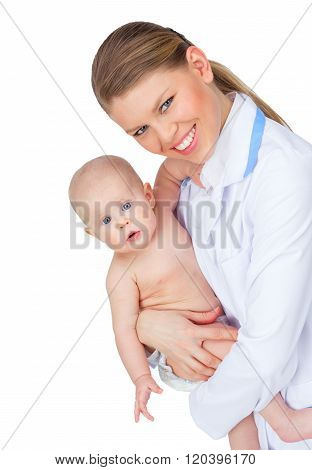 Vertical portrait of female doctor holding cute kid isolated