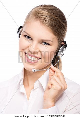 Telemarketing headphones woman in call center wearing hands free