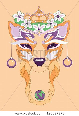 illustration of decorative fox with planet Eath and earrings