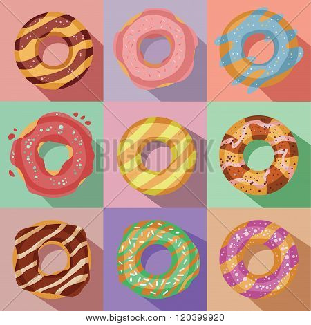 vector set of nine tasty colorful donuts