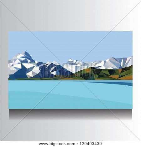 illustration of landscape picture with mountains and lake on canvas
