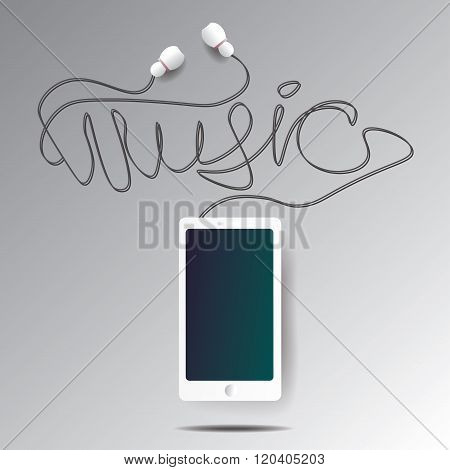 realistic vector smartphone and headphones illustration with word music made from wire