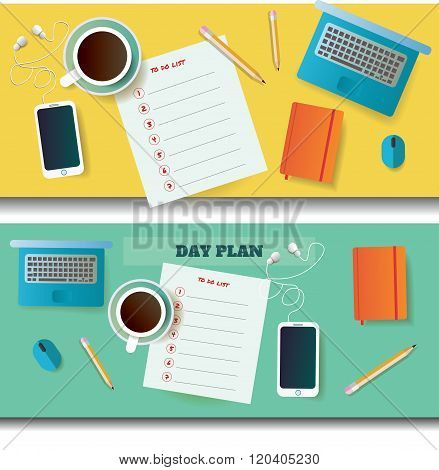 two vector illustrations of table with day plan blank and different objects