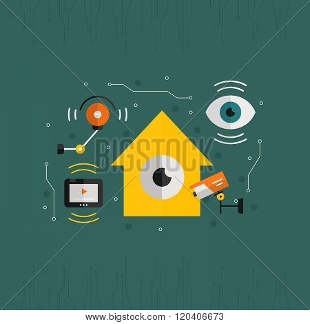 Security or surveillance camera concept. Vector template for banner or flyer with different CCTV elements and videocameras. Video surveillance vector..
