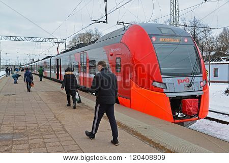 Tver, Russia - February 27. 2016. High-speed train Lastochka on the station