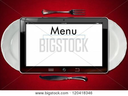 3D illustration of a tablet computer with text Menu in the screen, on a red velvet background with white plates and silver cutlery