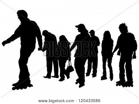 Silhouette of boy and girl on roller skates on white background