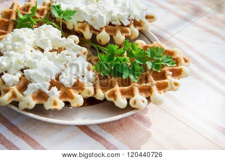 Homemade waffles with cheese and herbs