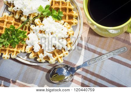 Homemade waffles with cheese and herbs