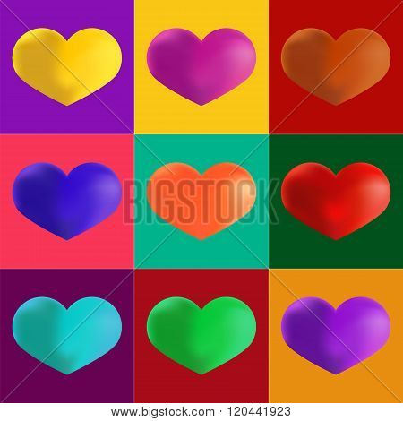 Hearts In Different Colours. Artistic Pop Art Style. Set Of Colorful Icons The Shapes Of Heart.