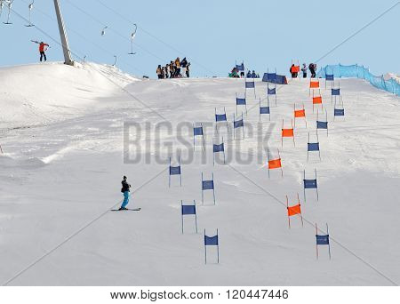 STOCKHOLM SWEDEN - FEB 23 2016: Slalom Hammarbybacken with colorful orange and blue gates at the FIS Alpine Ski World Cup - city event February 23 2016 Stockholm Sweden
