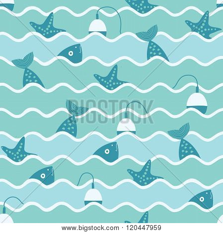 Vector seamless pattern of waves and fish