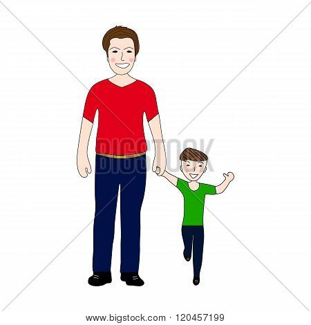 Happy Dad Holding Baby Son By The Hand