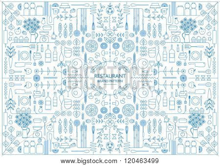 RESTAURANT BRANDING LINE ART PATTERN DESIGN TEMPLATE. Vector illustration file with editable graphic design elements: typography, dividers, frame, decorative elements, icons, and symbols.