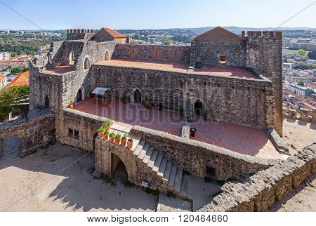 View of the exterior of the Gothic Royal Palatial Residence (Pacos Novos) of the Leiria Caste. Leiria, Portugal.