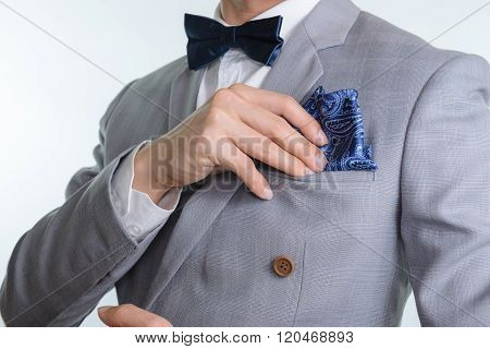 Grey Suit Plaid Texture, Bowtie, Pocket Square