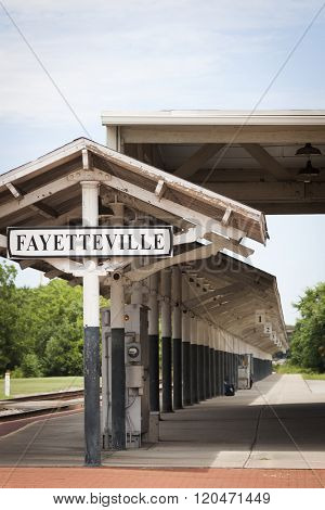 FAYETTEVILLE, NC - JUNE 28, 2015: The historic Fayetteville train station built in 1911 and located on Hay St has only one platform and two tracks, with service provided by Amtrak.
