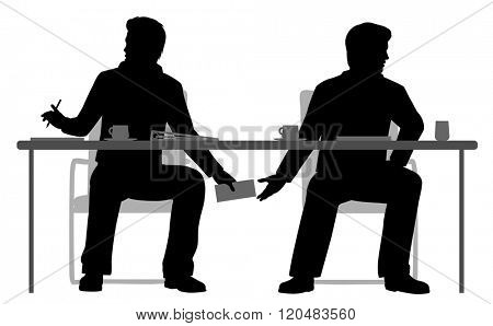 EPS8 editable vector illustration of two businessmen making a secret deal under the table