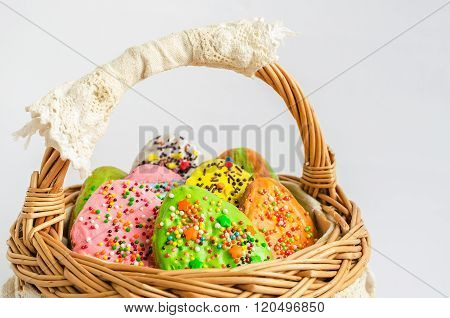 Colorful Easter cookies in a basket