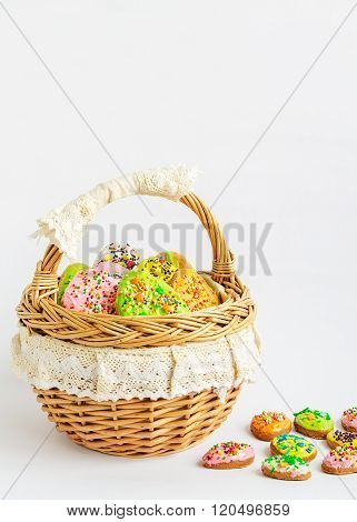 Colorful Easter cookies in a basket