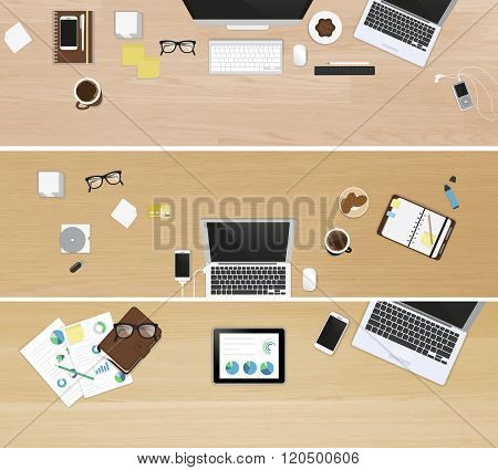 Realistic workplace organization. Set of three banners