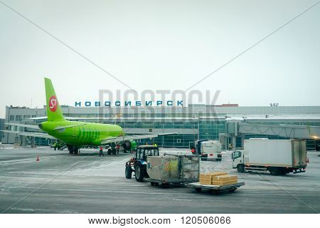 Novosibirsk, Russia - March 02, 2016: Airplane Of S7 Airlines Preparing For Flight In Tolmachevo Air