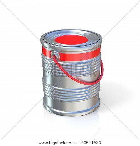 Metal tin can with red paint. Isolated on white background