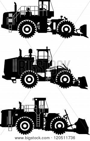 Set of different silhouettes wheel dozers isolated on white background. Heavy construction and minin