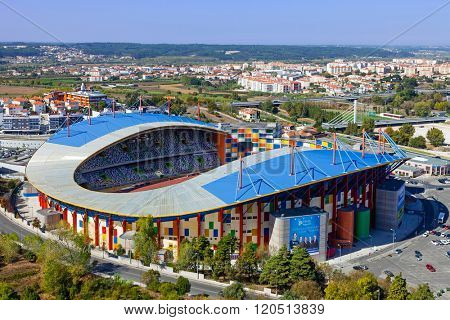 Leiria, Portugal - October 12, 2015: Dr. Magalhaes Pessoa Stadium, also known as Leiria Municipal Soccer Stadium seen from the castle. 