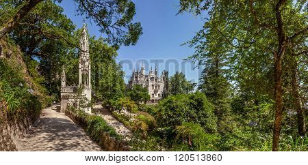 Sintra, Portugal - July 14, 2015: Chapel in the Regaleira Palace and Gardens. A neo-manueline palace decorated with alchemy and freemasons symbols.
